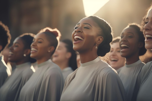 Dynamic shot of a gospel choir singing outdoors Generative ai