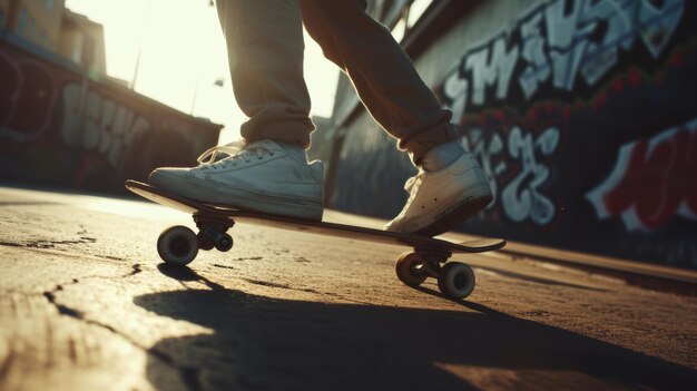 A dynamic shot of a person skateboarding in an urban environment showcasing skill and movement