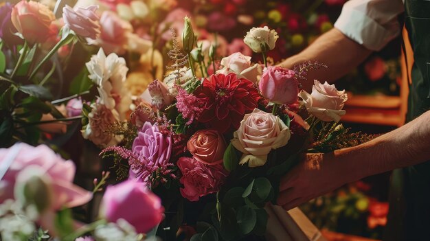 dynamic shot of a skilled florist arranging a stunning bouquet of freshly cut flowers showcasing the artistry and craftsmanship of floral design