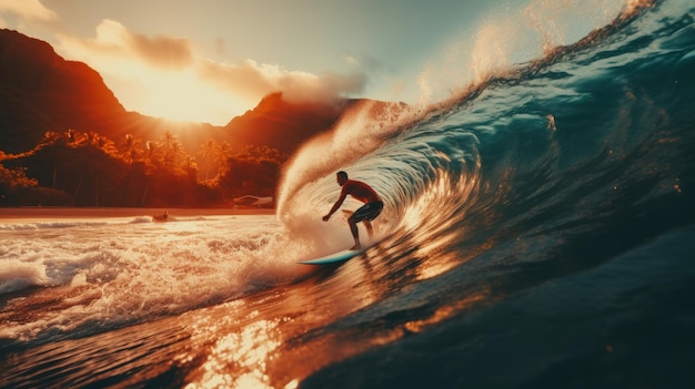 Dynamic shot of surfer athlete riding massive wave on surfboard with vibrant energy