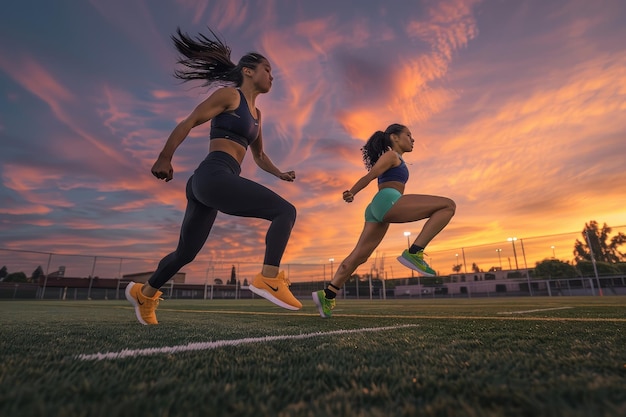 A dynamic shot of two women in athletic wear performing jumping jacks on an empty football field at dusk with the sky painted orange and pink by setting sun