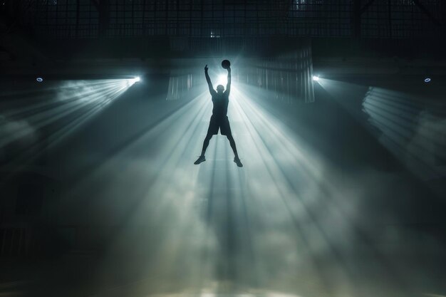 Photo dynamic silhouette of a basketball player midjump in a spotlightfilled arena atmospheric and energetic style perfect for sports and motivation themes aicreated sports concept generative ai