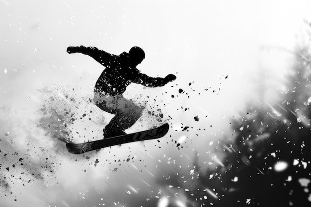 Photo dynamic silhouette of snowboarder jumping high in air