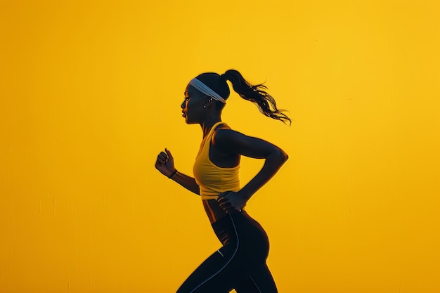 Dynamic silhouette of sporty woman runner in attractive sportswear on yellow background