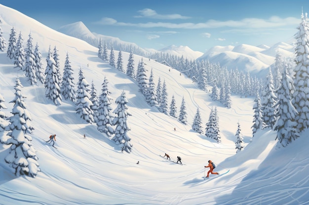 A dynamic ski slope with skiers carving through fresh powder