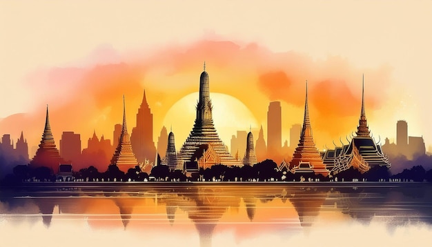 dynamic skyline of Bangkok at sunset highlighting iconic landmarks like the Grand Palace