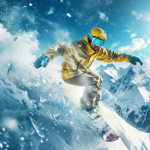 Dynamic snowboarding action in a mountainous winter landscape A snowboarder in yellow gear performs