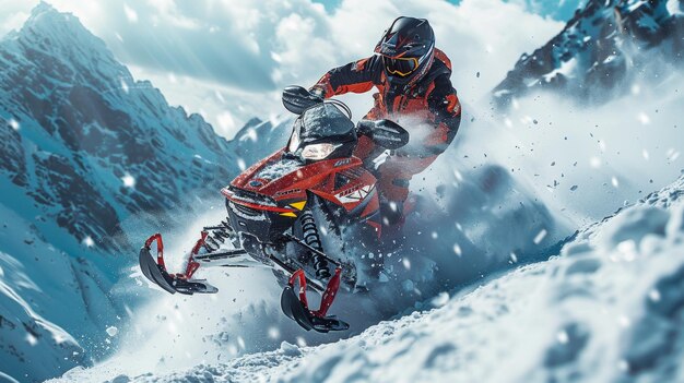 Photo dynamic snowmobile ride in snowy mountains generative ai