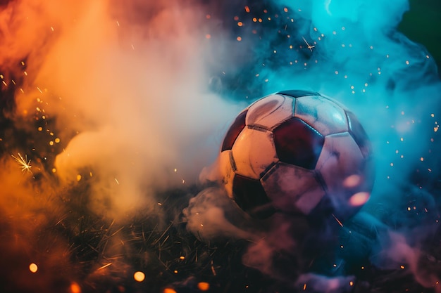 Dynamic Soccer Ball Surrounded by Smoke and Sparks Capturing Energy and Motion in Sports