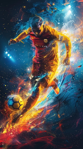 Photo dynamic soccer player in a burst of color