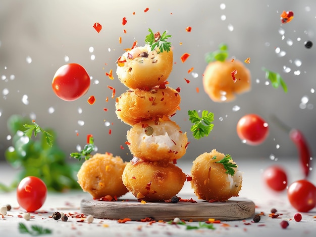 Photo dynamic spanish croquetas flying in creative food photography