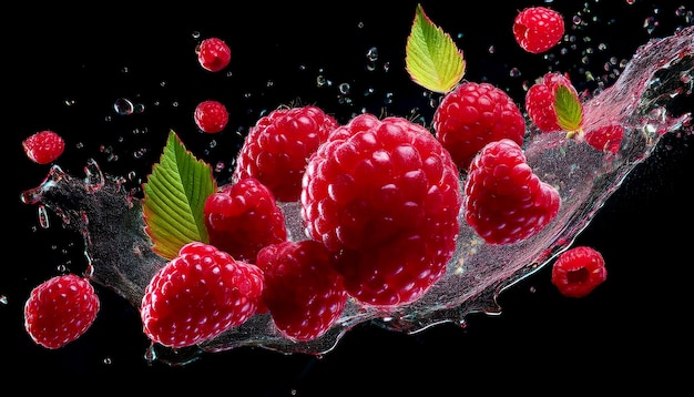 Photo dynamic splash of fresh raspberries