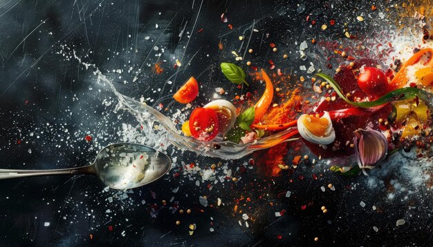 Photo dynamic splash of fresh vegetables and spices on a dark background with a spoon in motion