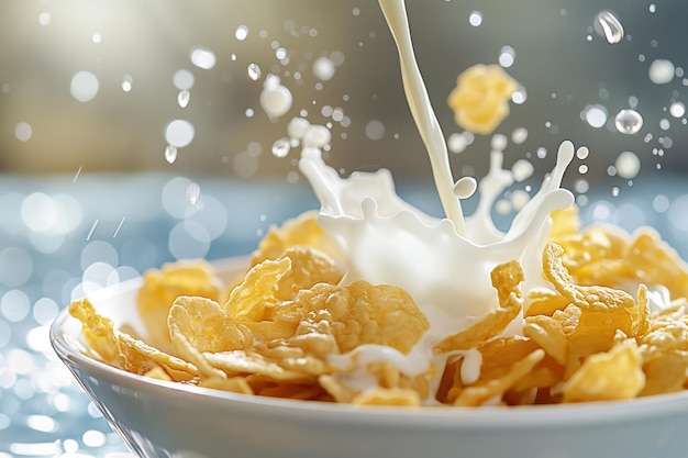 Dynamic splash of milk in a bowl of cornflakes welllit