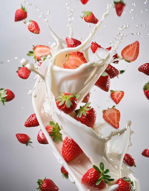 Dynamic splashes of milk with fresh strawberries flying through the air all set against a clean