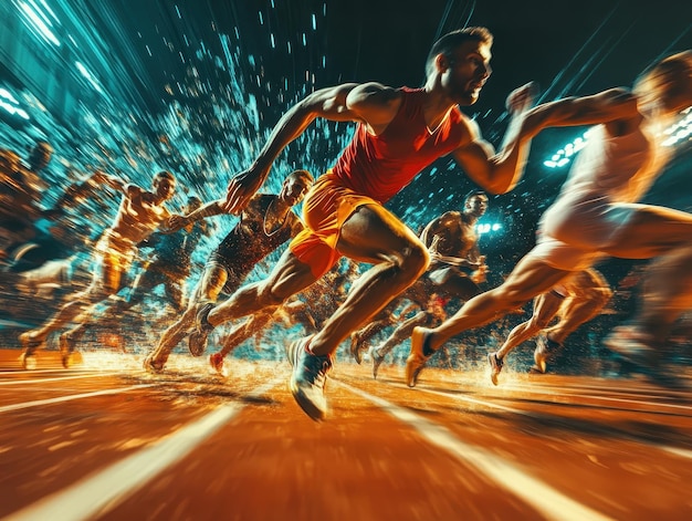 Photo dynamic sports scene with athletes in motion captured midaction