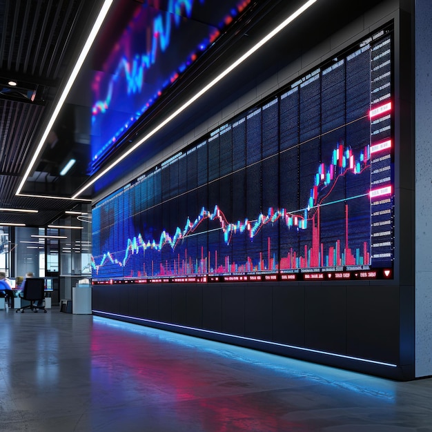 Dynamic stock exchange data flashing on a large bright LED screen in a modern office aar 64 Job ID 80fb62f0b6f14ed286d38fd0fe6eb671