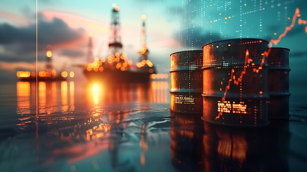 Photo dynamic stock market graph overlaid on city skyline with silhouetted oil drums reflecting