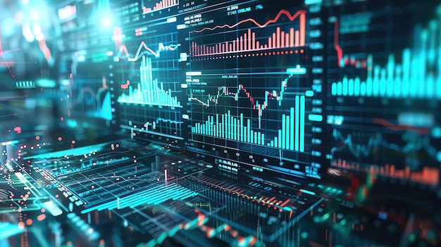 A dynamic stock market trading graph indicating market trends and financial data analysis on a digital display