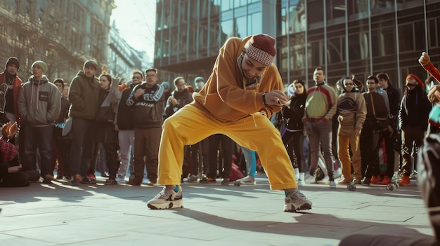 Photo a dynamic street dancer in bright yellow attire captivates an avid crowd performing energetically against a backdrop of urban architecture