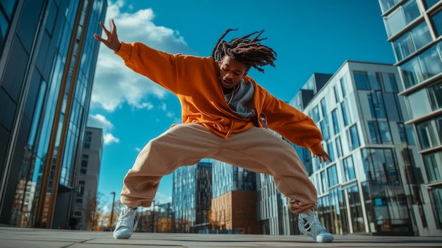 Photo a dynamic street dancer performs an impressive move in an urban setting the buildings reflect modern architecture this image captures the energy and style of hiphop dance ai