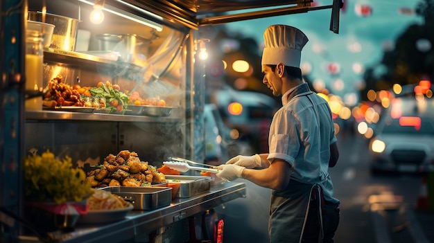 Photo dynamic street food chef preparing delicious dishes