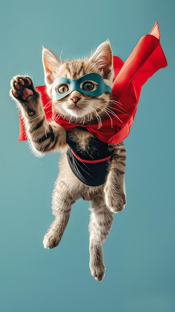 Dynamic Superhero Cat Flying With Cape Against Blue Sky