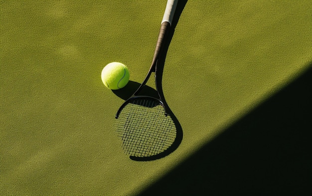 Dynamic Tennis Play Ball Racket and Shadow on Green Grass