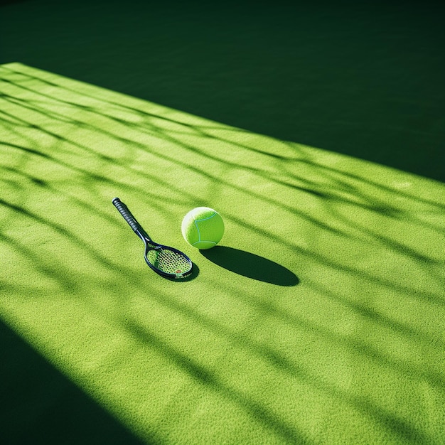 Dynamic Tennis Play Ball Racket and Shadow on Green Grass