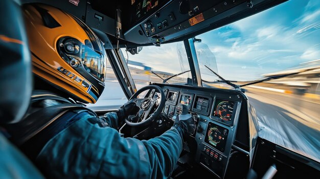 Photo dynamic truck racing pilot navigating highspeed track with precision and focus capturing the thrill of competitive motorsport from drivers perspective emphasizing action and adrenaline