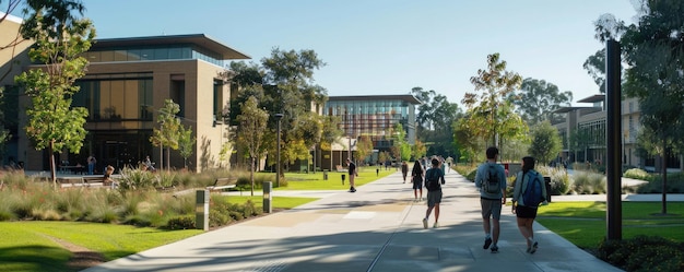 Photo dynamic university atmosphere with engaged students modern buildings and greenery under sunny sky aig59