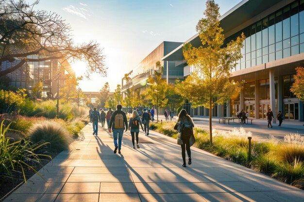 Photo dynamic university atmosphere with engaged students modern buildings and greenery under sunny sky aig59