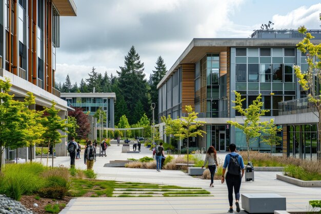 Photo dynamic university atmosphere with engaged students modern buildings and greenery under sunny sky aig59