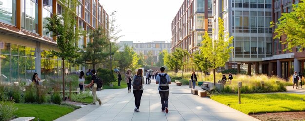 Photo dynamic university atmosphere with engaged students modern buildings and greenery under sunny sky aig59