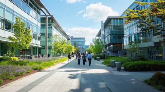 Dynamic university atmosphere with engaged students modern buildings and greenery under sunny sky