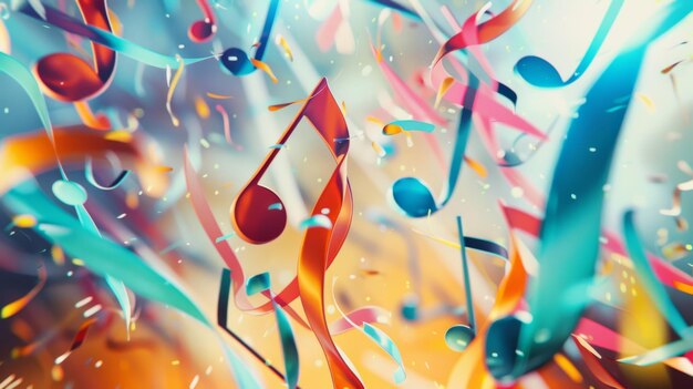 Photo dynamic and vibrant multicolored musical notes and ribbons dance across a bright background capturing the essence of lively music and cheerful rhythms