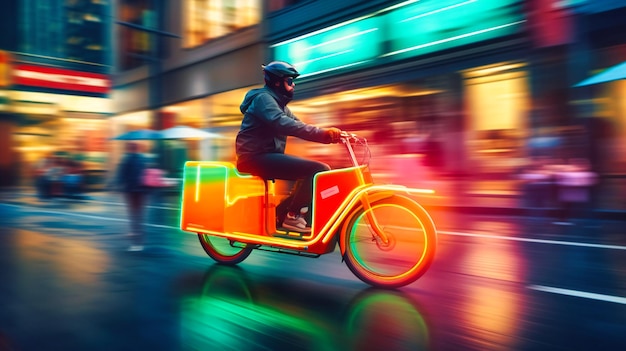 A dynamic view of a futuristic electric cargo bike zipping through a busy city street delivering goods with speed and efficiency