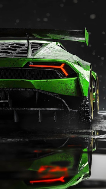 Photo dynamic view of a green supercar after a race against a dark backdrop with vibrant colors