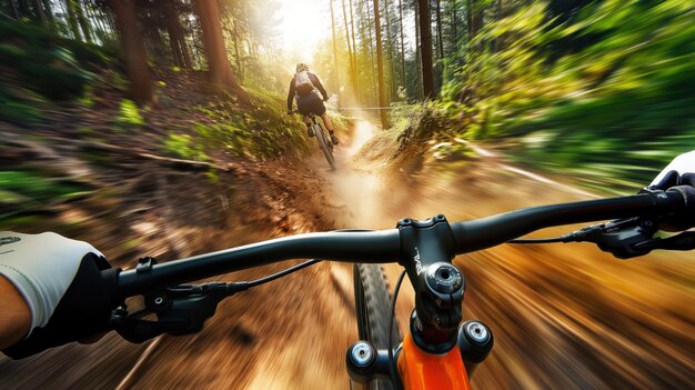 A dynamic view of two mountain bikers riding through a forest trail captured from the perspective of the following biker with motion blur suggesting high speed