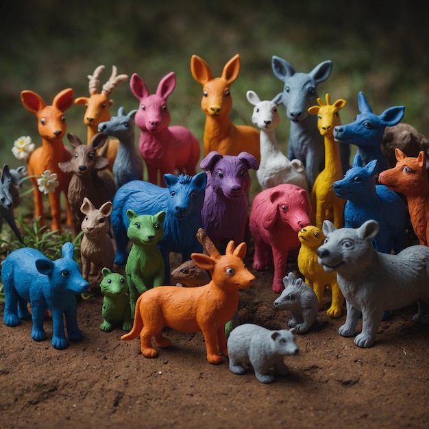 Photo a dynamic and vivid plasticine world featuring both farmyard friends and wild jungle animals in a playful display