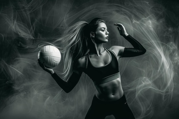 Dynamic volleyball player showcasing skill in an artistic smokefilled environment