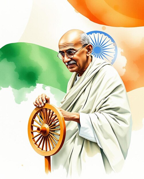 Photo dynamic watercolor of mahatma gandhi with charkha and indian flag a tribute to independence and leg