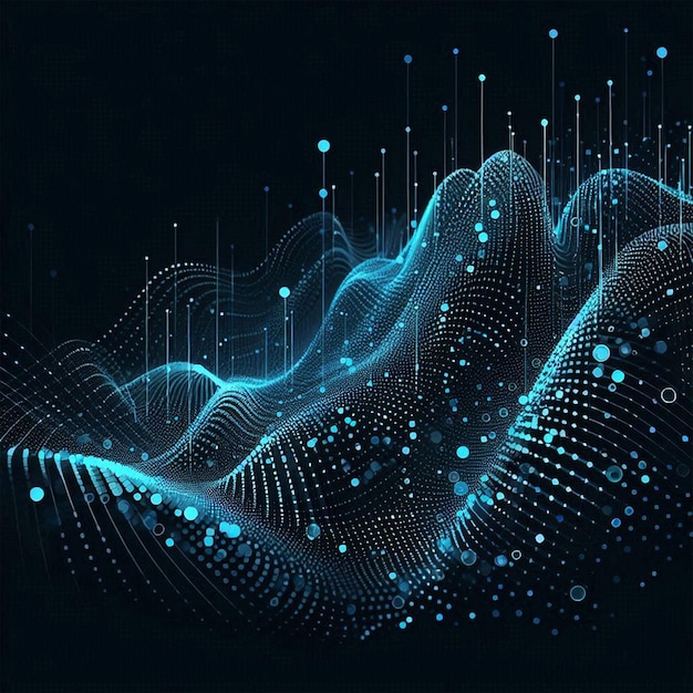 Photo dynamic wave elements of blue dots on a black background