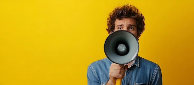 Photo dynamic young man holding a megaphone in front of his face for public speaking or promotion