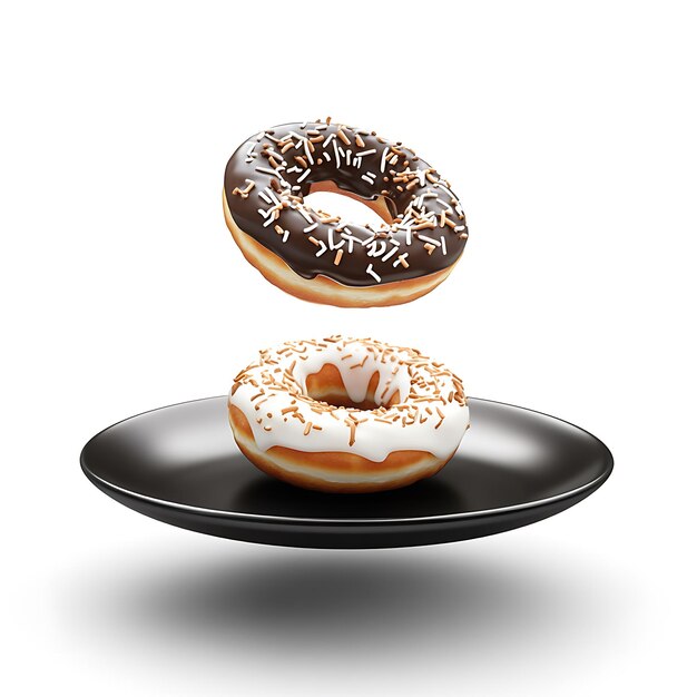 Photo dynamically falling and flying tasty sweet donuts with chocolates on a black plate and white bg