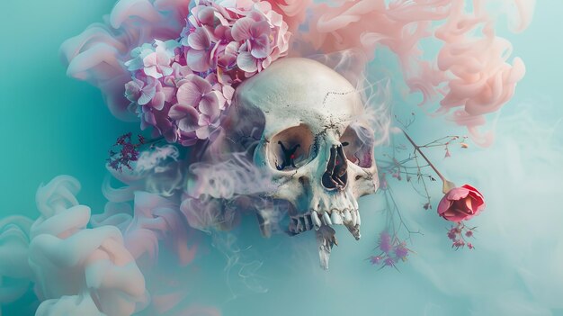 The dynamics of abstract disintegrating skulls in colorful smoking spaces and flowers on a rustic vintage background