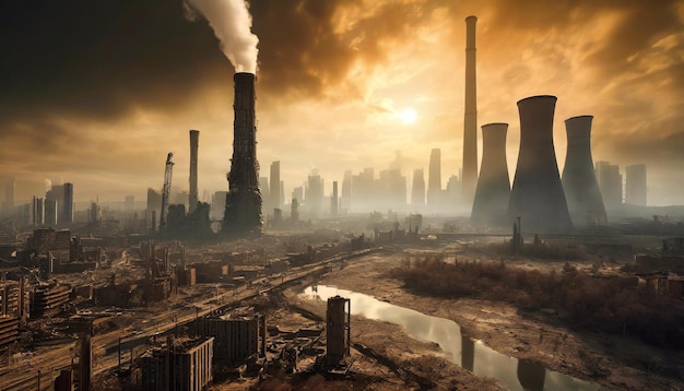 Dystopian cityscapes Global warming Industrial area with smoke in the air