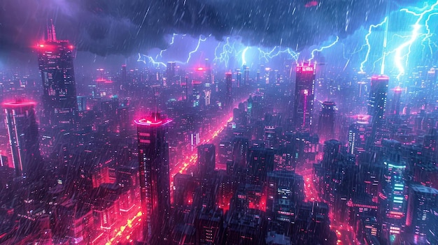 Dystopian Synthwave cityscape in the midst of a storm with neonlit rain and cybernetic lightning