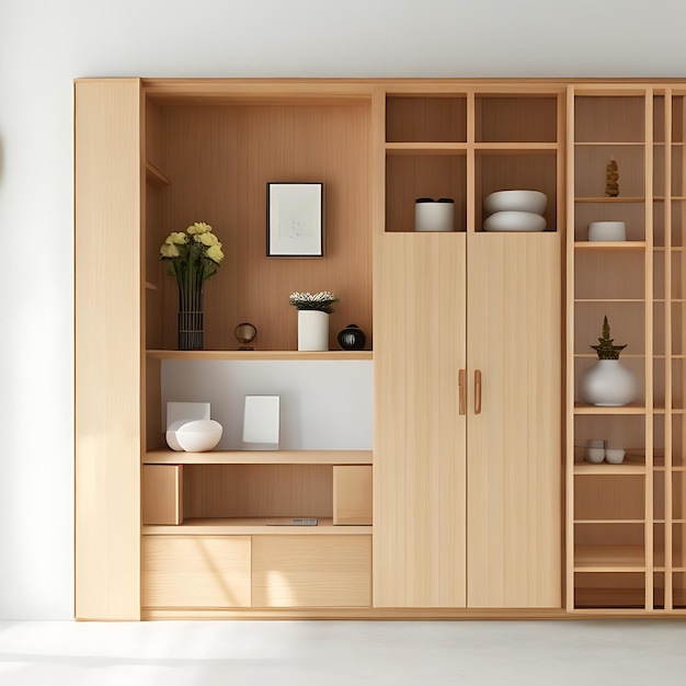 Photo dzen room interior wooden wall on tatami mat floor free photo plant against a white_wall mockup