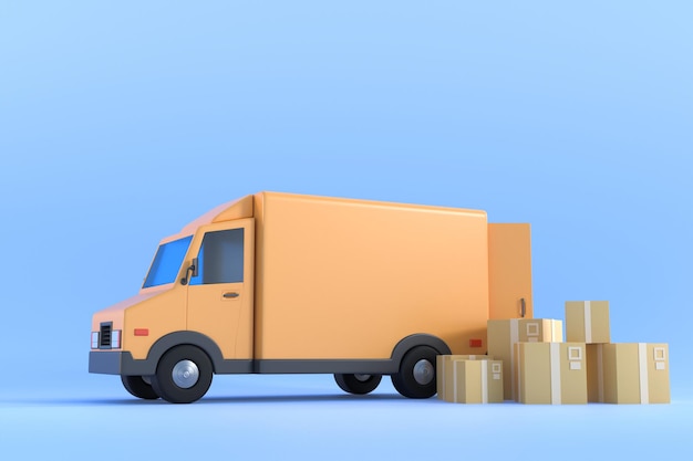 E-commerce concept, Delivery service on mobile application, Transportation delivery by truck, 3d ill